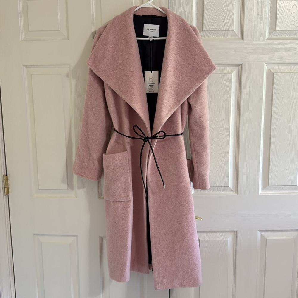 NWT LK Bennett London Pink Wool And Mohair Coat, With Faux Leather Belt